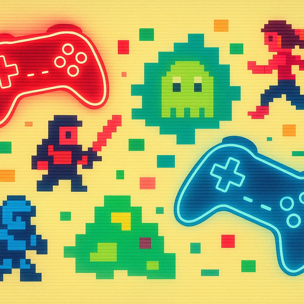 Arcade montage with neon controllers and pixel scenes