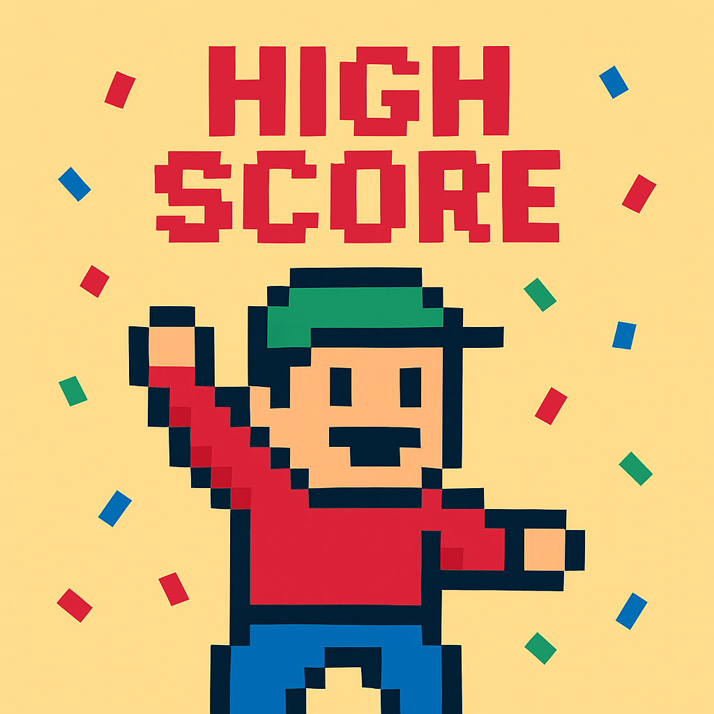 Close-up: pixel character celebrating a high score